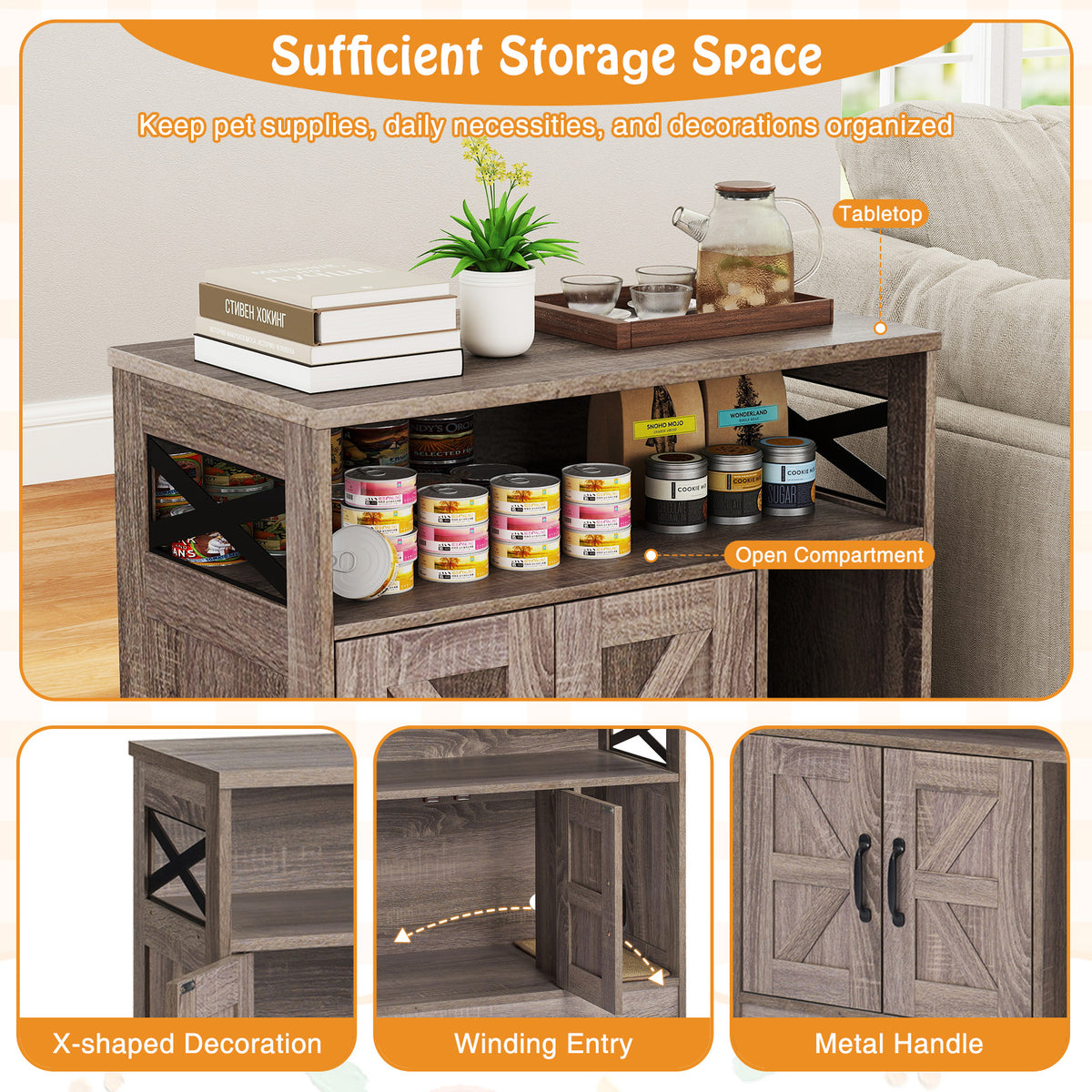 Cat Litter Box Enclosure with Storage - Hidden Cat Washroom Furniture, Gray - Variation with Storage