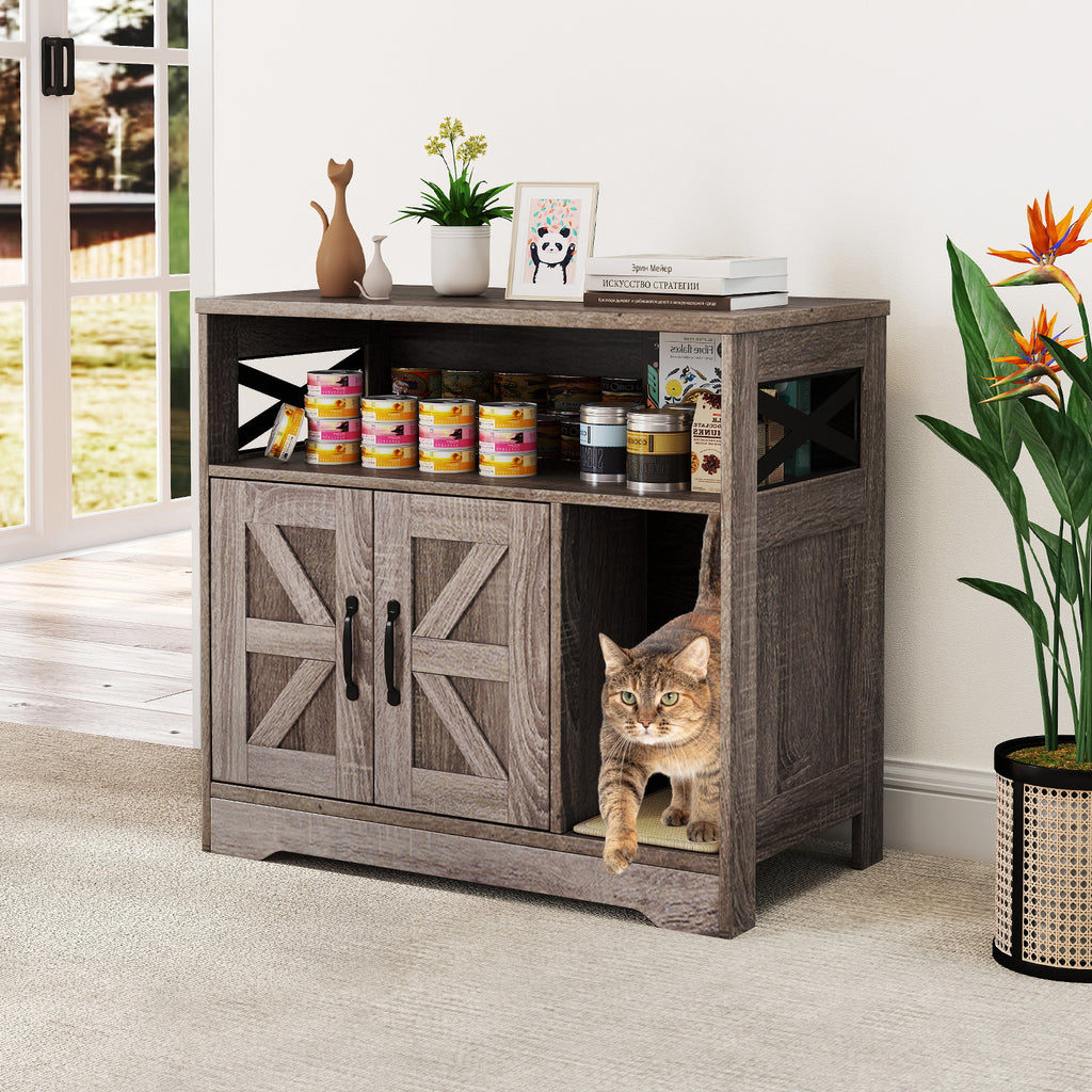 Cat Litter Box Enclosure with Storage - Hidden Cat Washroom Furniture, Gray - Variation with Storage