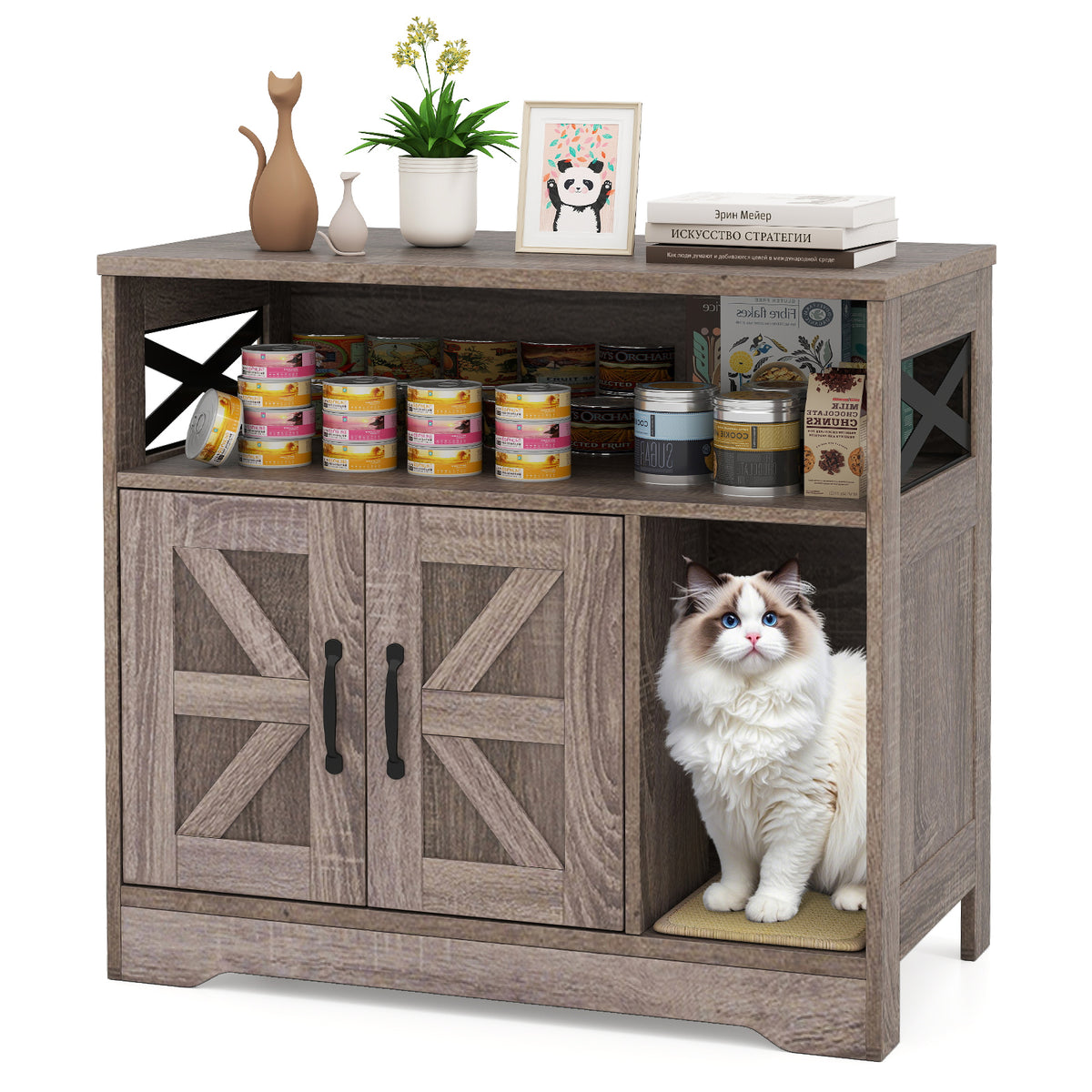 Cat Litter Box Enclosure with Storage - Hidden Cat Washroom Furniture, Gray - Variation with Storage