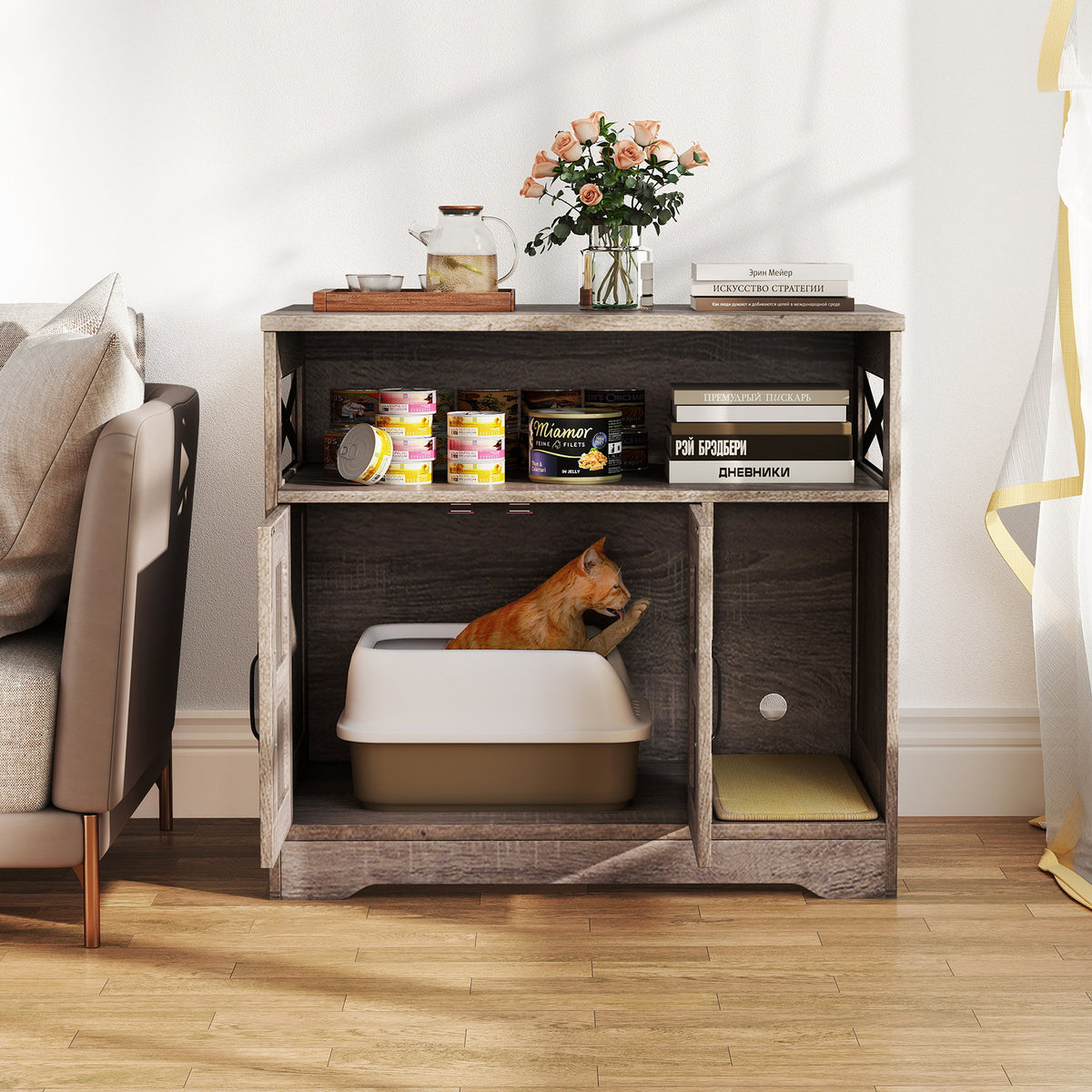 Cat Litter Box Enclosure with Storage - Hidden Cat Washroom Furniture, Gray - Variation with Storage