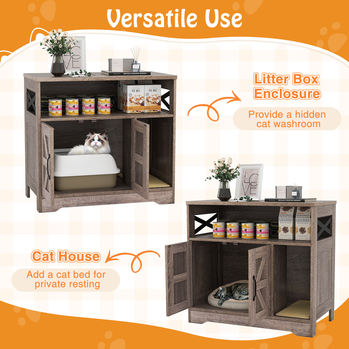 Cat Litter Box Enclosure with Storage - Hidden Cat Washroom Furniture, Gray - Variation with Storage