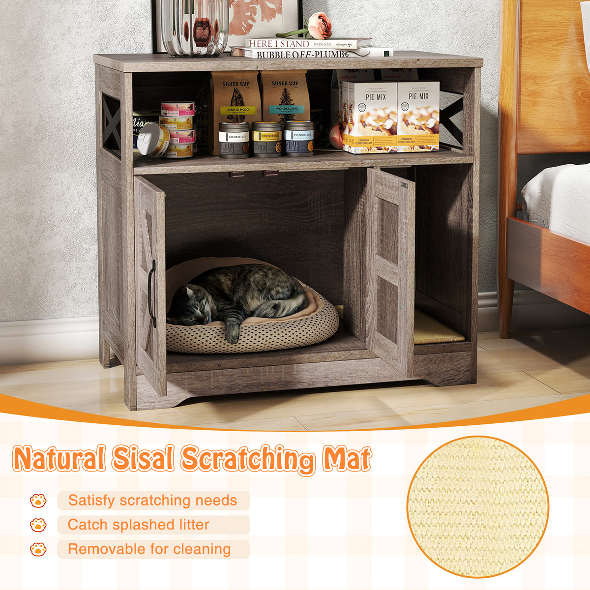 Cat Litter Box Enclosure with Storage - Hidden Cat Washroom Furniture, Gray - Variation with Storage