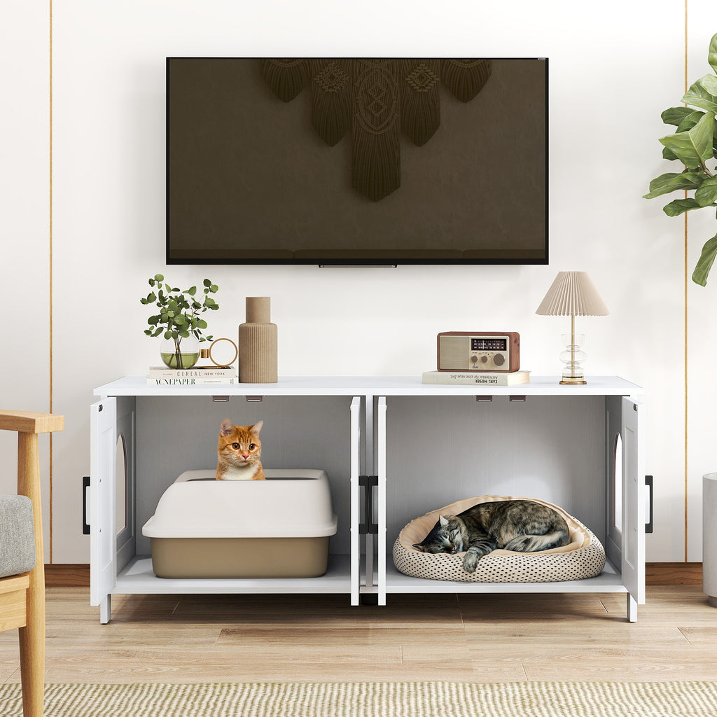 Cat Litter Box Enclosure for 2 Cats - Modern White Hidden Cat Furniture