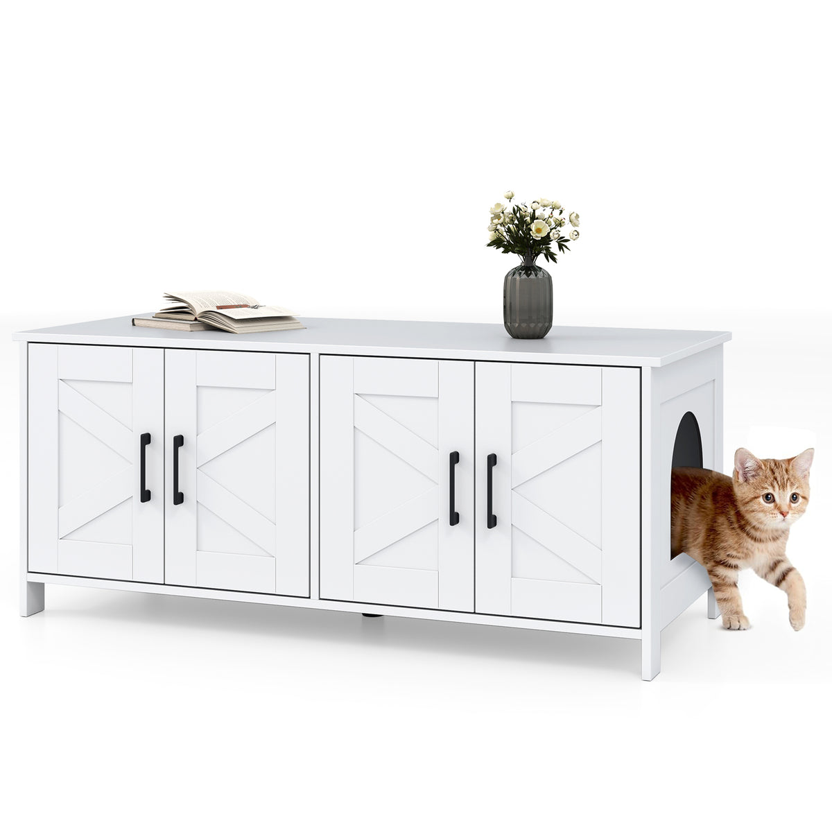 Cat Litter Box Enclosure for 2 Cats - Modern White Hidden Cat Furniture