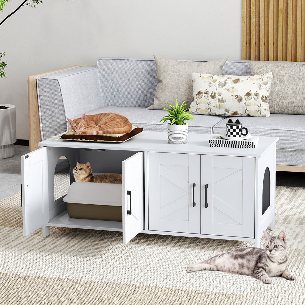 Cat Litter Box Enclosure for 2 Cats - Modern White Hidden Cat Furniture