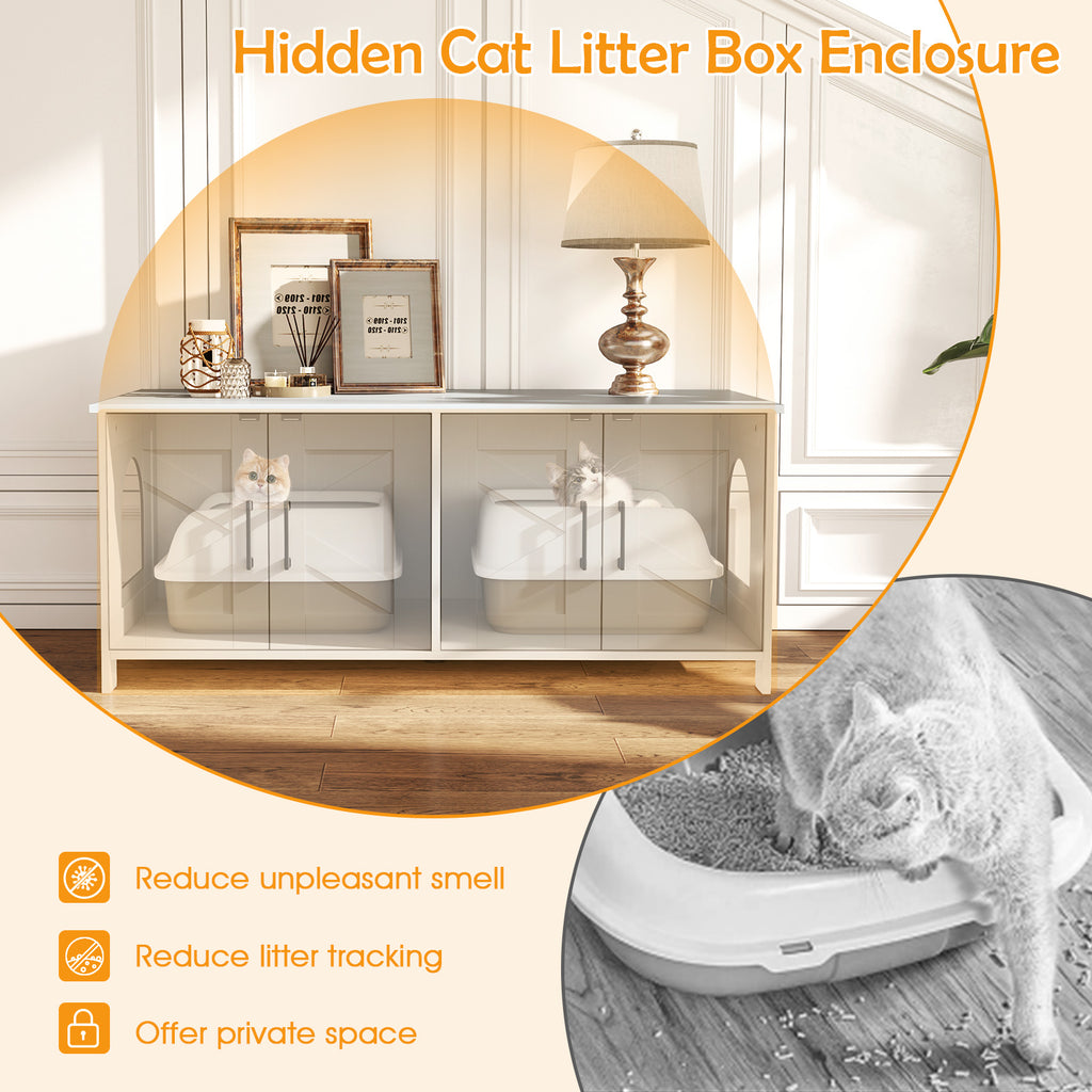 Cat Litter Box Enclosure for 2 Cats - Modern White Hidden Cat Furniture