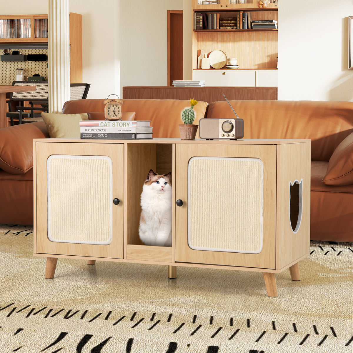 Cat Litter Box Enclosure with Double Rooms and Sisal Mats - Natural B