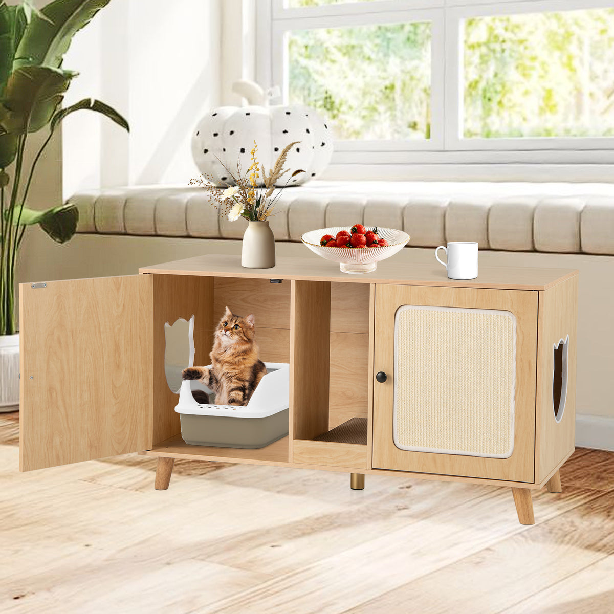 Cat Litter Box Enclosure with Double Rooms and Sisal Mats - Natural B