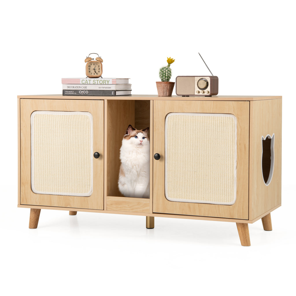 Cat Litter Box Enclosure with Double Rooms and Sisal Mats - Natural B