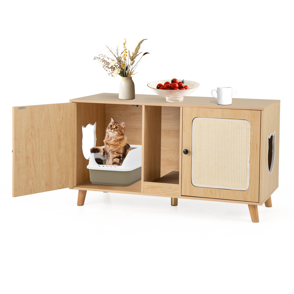 Cat Litter Box Enclosure with Double Rooms and Sisal Mats - Natural B
