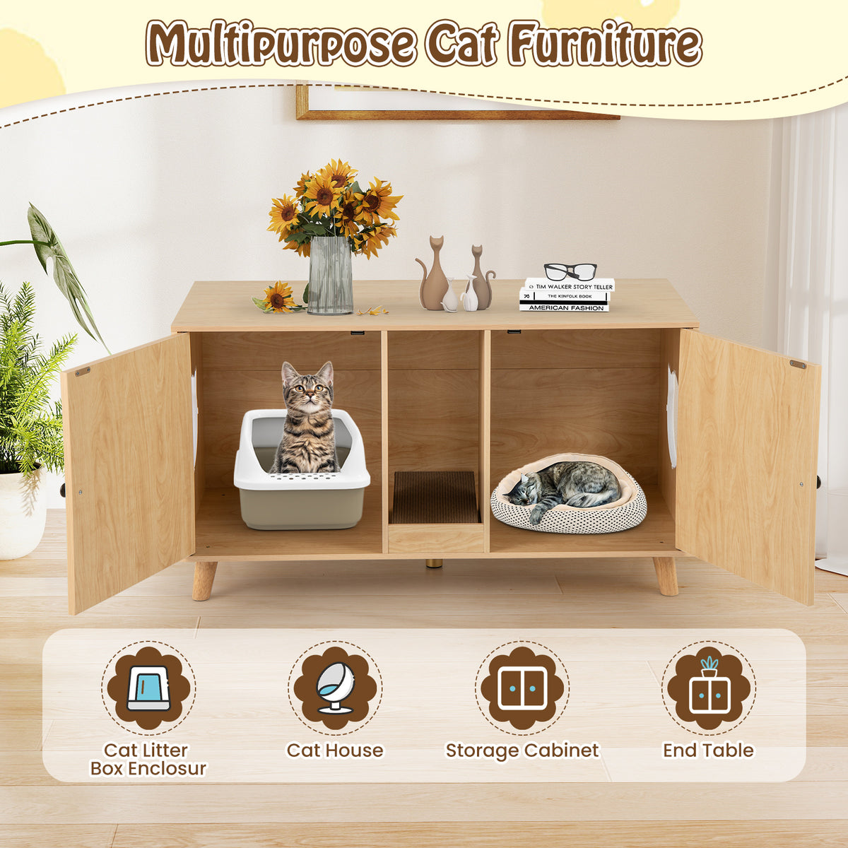 Cat Litter Box Enclosure with Double Rooms and Sisal Mats - Natural B
