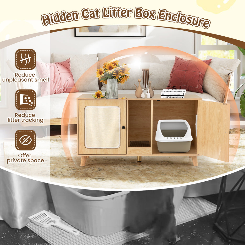 Cat Litter Box Enclosure with Double Rooms and Sisal Mats - Natural B