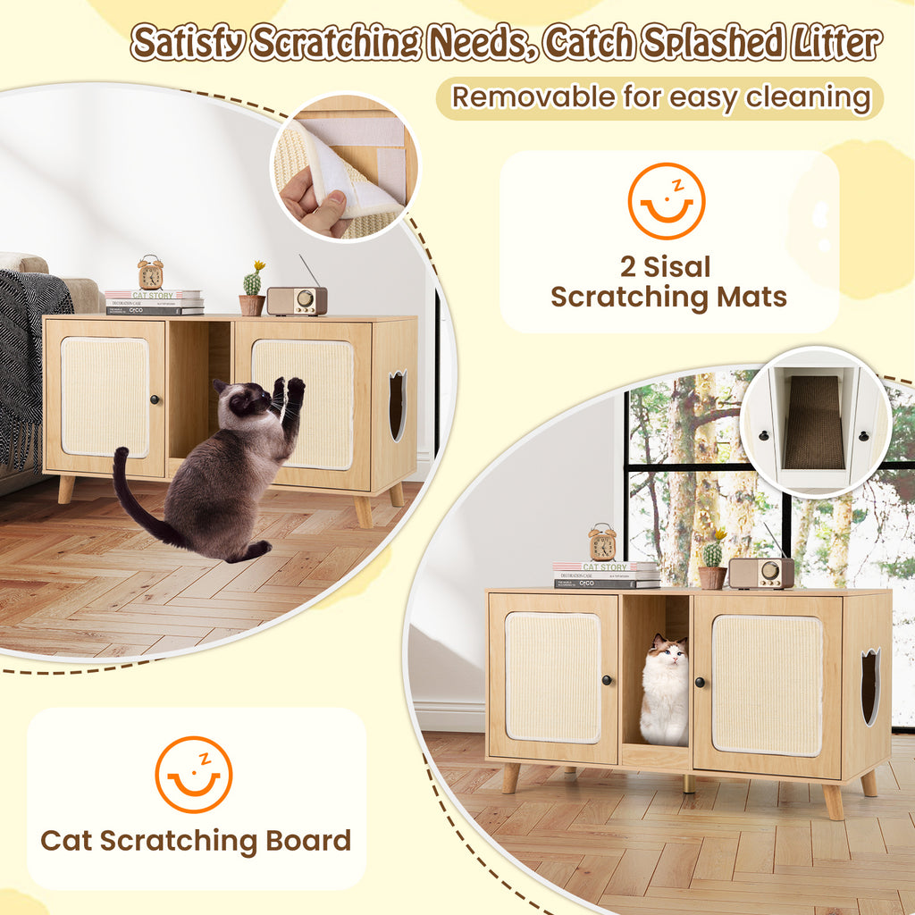 Cat Litter Box Enclosure with Double Rooms and Sisal Mats - Natural B