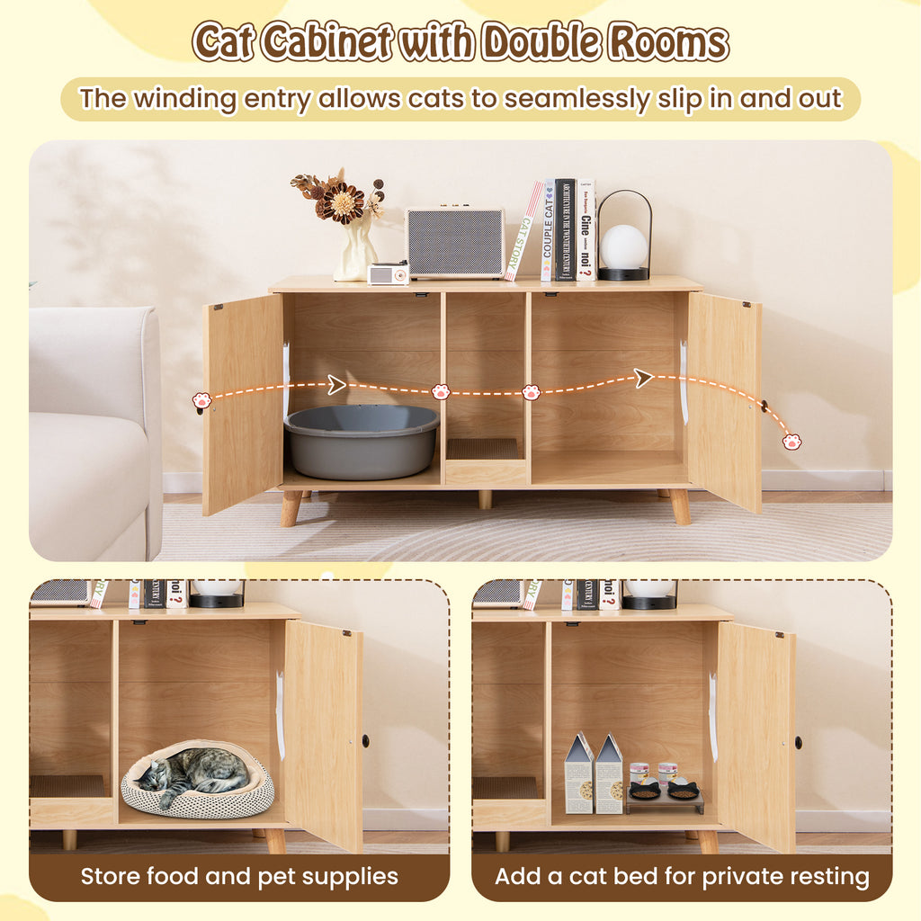 Cat Litter Box Enclosure with Double Rooms and Sisal Mats - Natural B