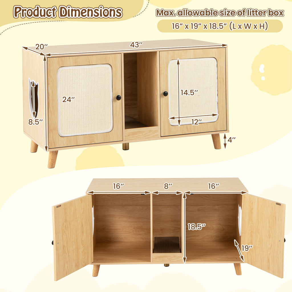 Cat Litter Box Enclosure with Double Rooms and Sisal Mats - Natural B
