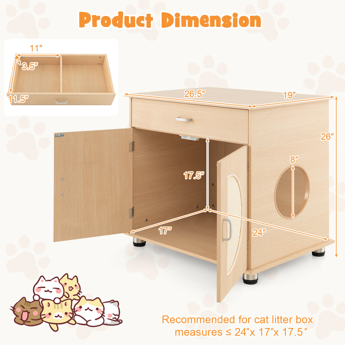 Cat Litter Box Enclosure with Sisal Scratching Doors and Storage - Natural, Variation