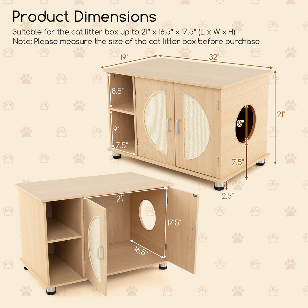 Cat Litter Box Enclosure with Sisal Scratching Doors & Adjustable Metal Feet - Natural, Variation of THIS listing