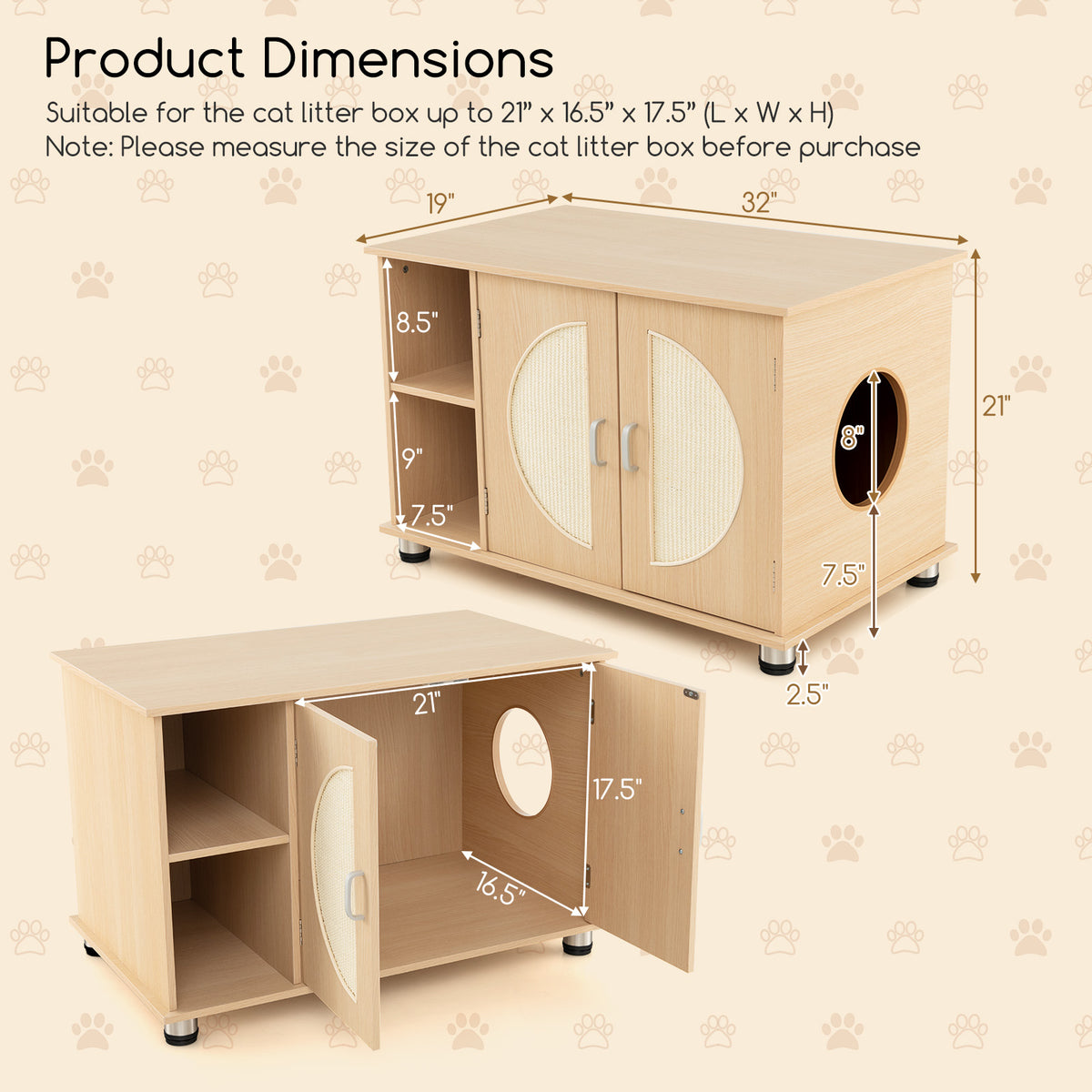 Cat Litter Box Enclosure with Sisal Scratching Doors & Adjustable Metal Feet - Natural, Variation of THIS listing