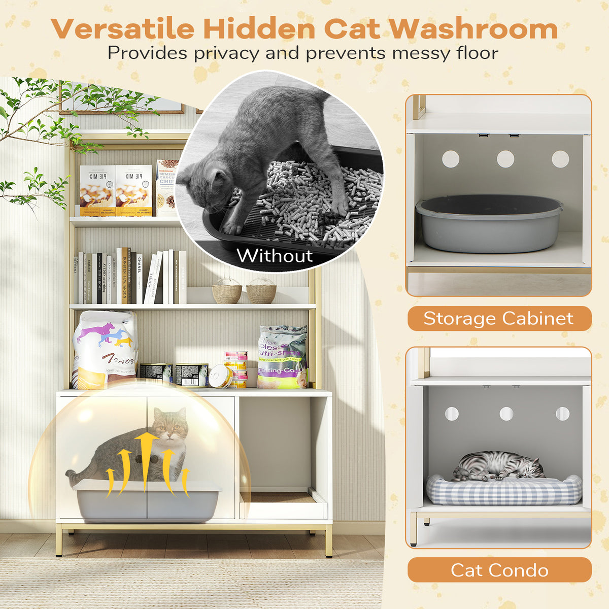 57-Inch Cat Litter Box Enclosure with Storage & Removable Scratcher - White