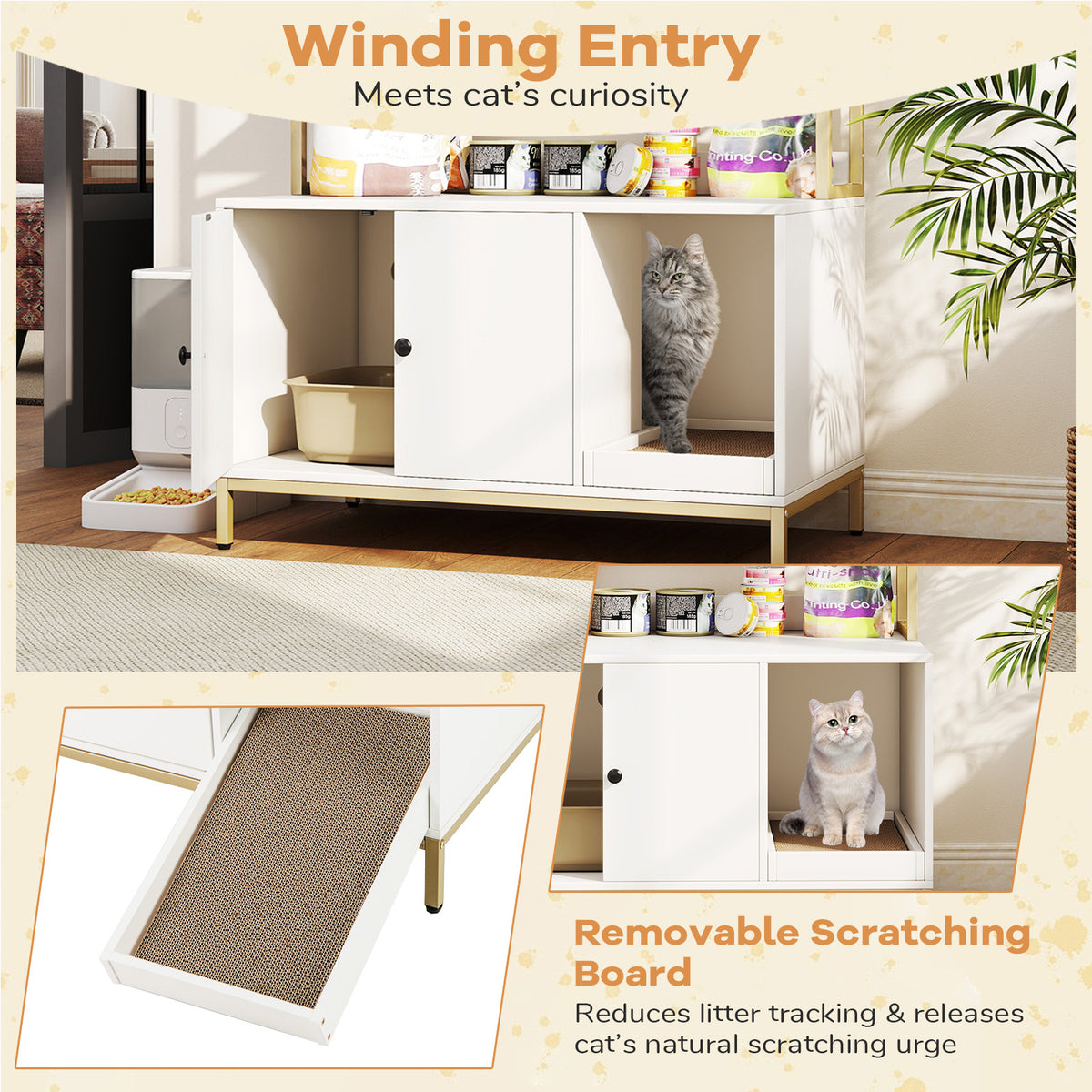 57-Inch Cat Litter Box Enclosure with Storage & Removable Scratcher - White