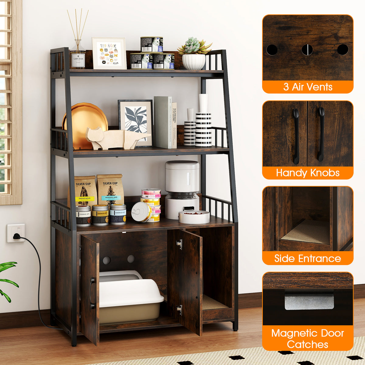 Cat Litter Box Enclosure with Storage Shelves & Scratching Pad - Rustic Brown