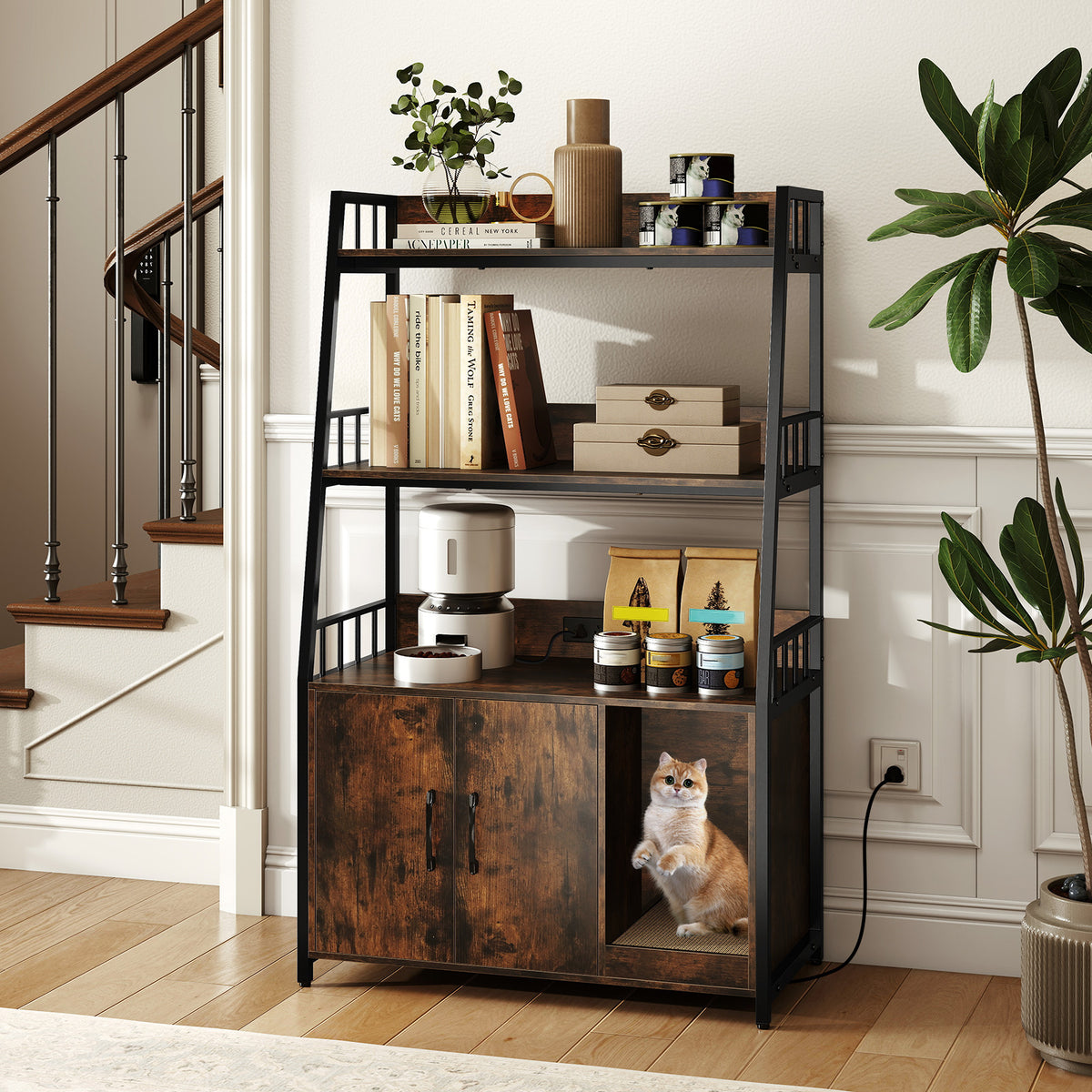 Cat Litter Box Enclosure with Storage Shelves & Scratching Pad - Rustic Brown