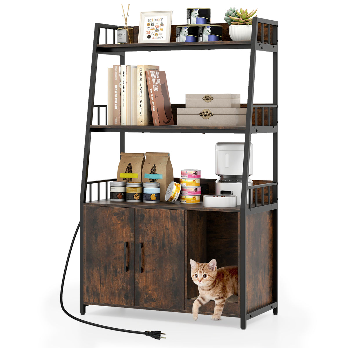 Cat Litter Box Enclosure with Storage Shelves & Scratching Pad - Rustic Brown