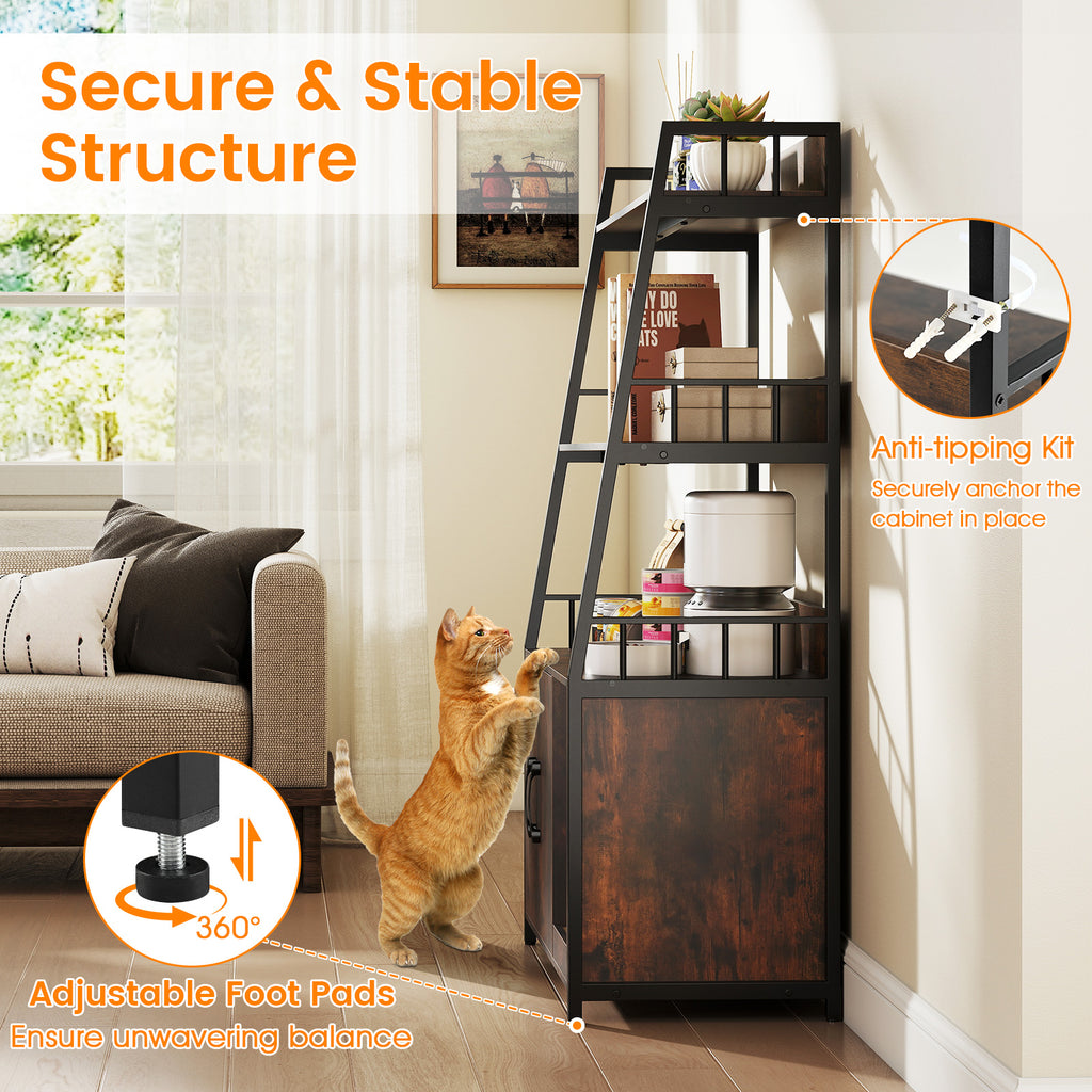 Cat Litter Box Enclosure with Storage Shelves & Scratching Pad - Rustic Brown