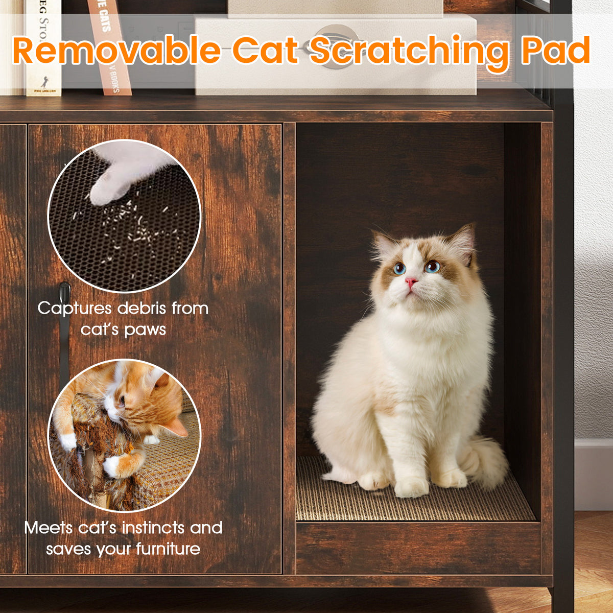 Cat Litter Box Enclosure with Storage Shelves & Scratching Pad - Rustic Brown