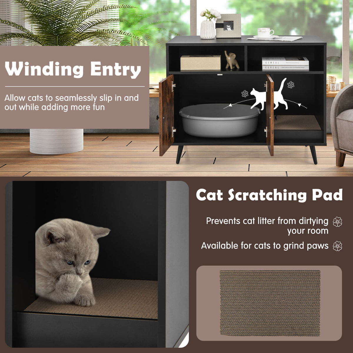 Cat Litter Box Enclosure with Storage & Scratch Pad - Modern Wooden Design