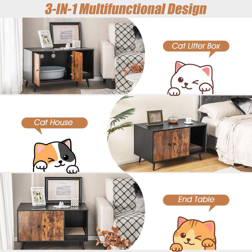 Cat Litter Box Enclosure with Double Door Cabinet - Modern Cat House & Storage