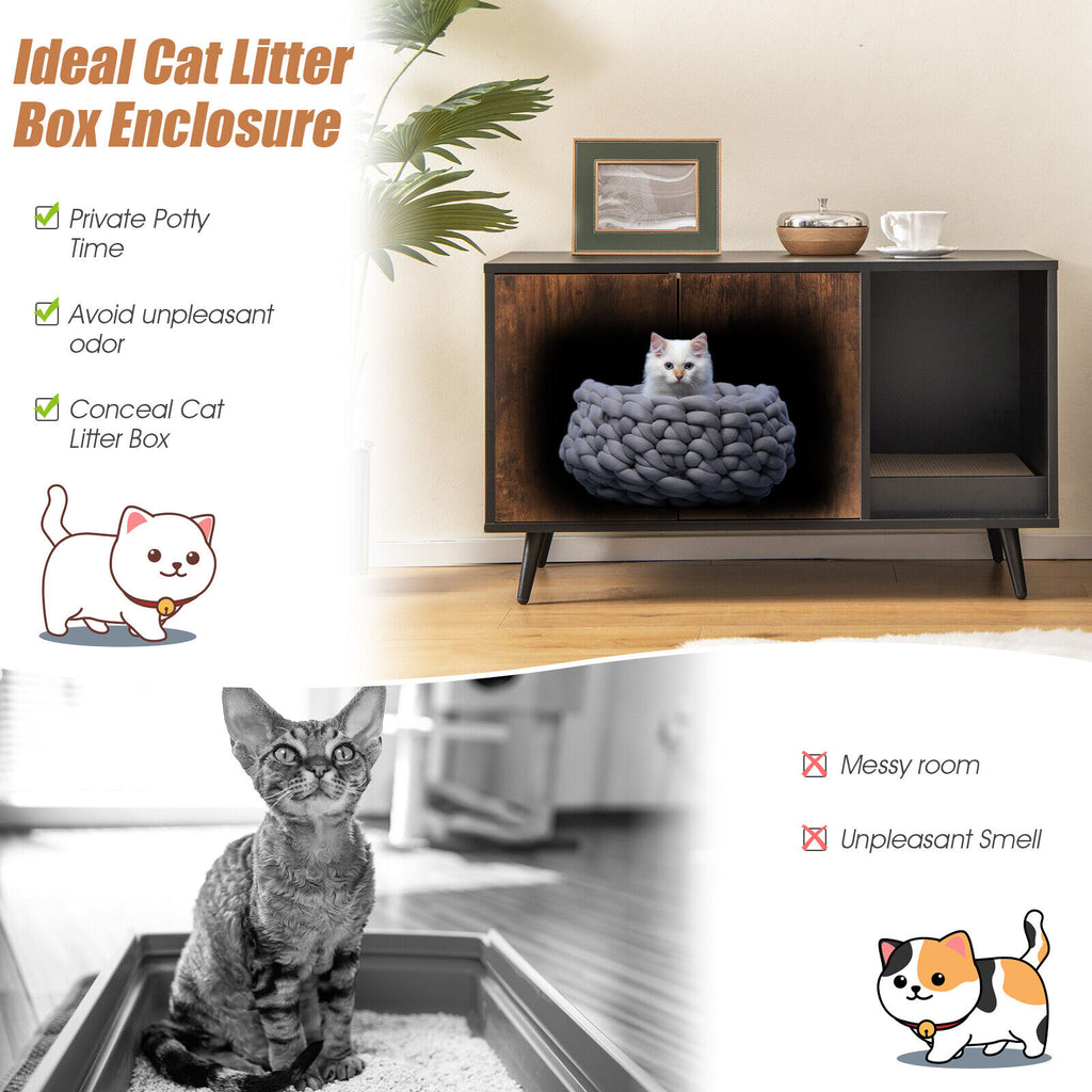 Cat Litter Box Enclosure with Double Door Cabinet - Modern Cat House & Storage