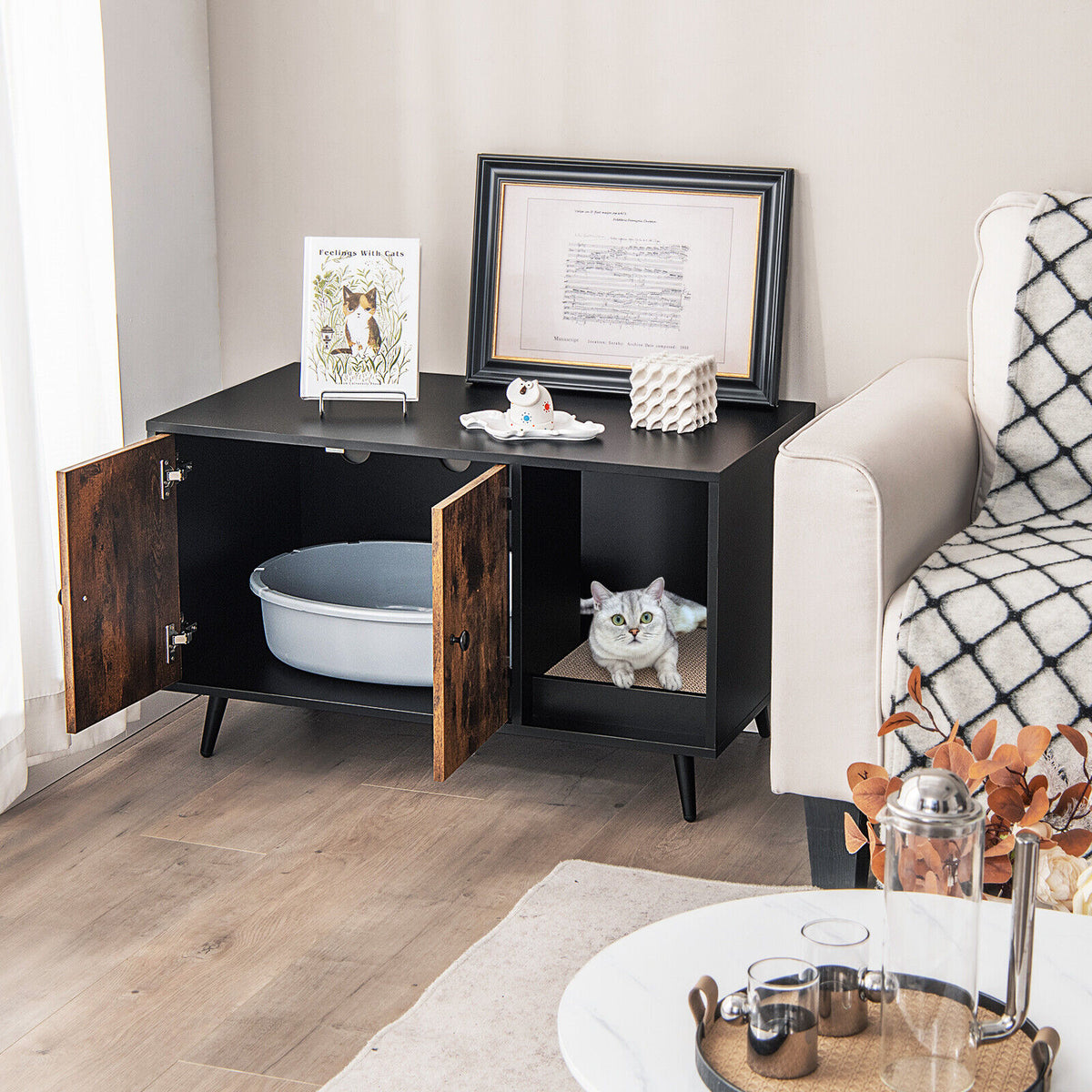 Cat Litter Box Enclosure with Double Door Cabinet - Modern Cat House & Storage