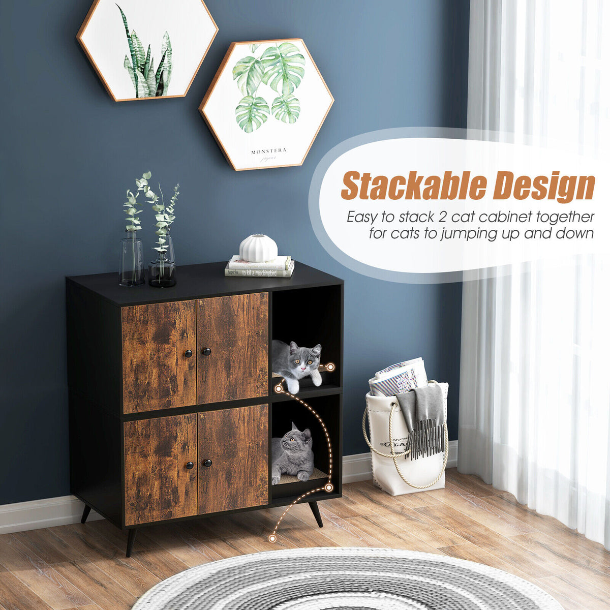 Cat Litter Box Enclosure with Double Door Cabinet - Modern Cat House & Storage