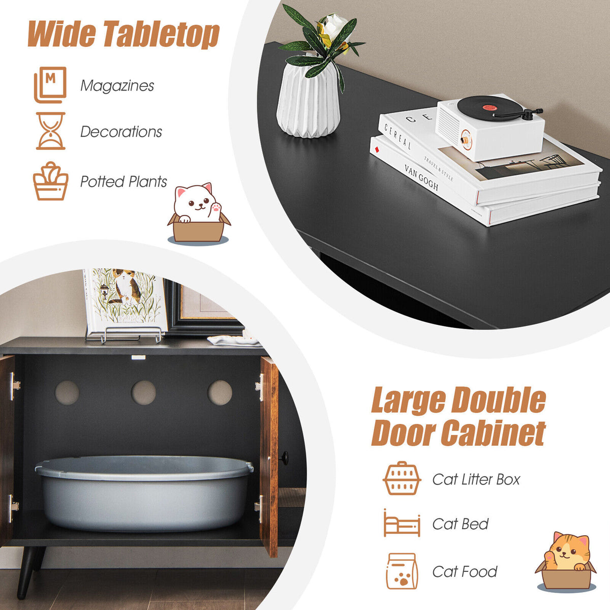 Cat Litter Box Enclosure with Double Door Cabinet - Modern Cat House & Storage
