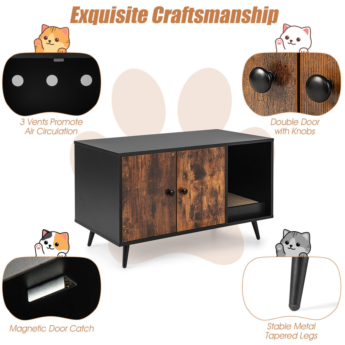 Cat Litter Box Enclosure with Double Door Cabinet - Modern Cat House & Storage
