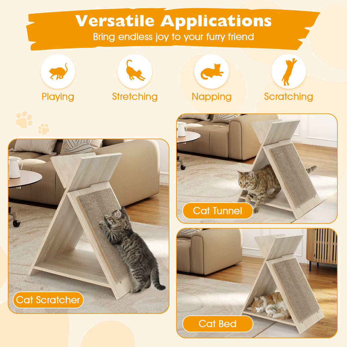 Natural Cat Scratcher Lounge Bed and Play Tunnel - Claw Sharpening & Furniture Protection