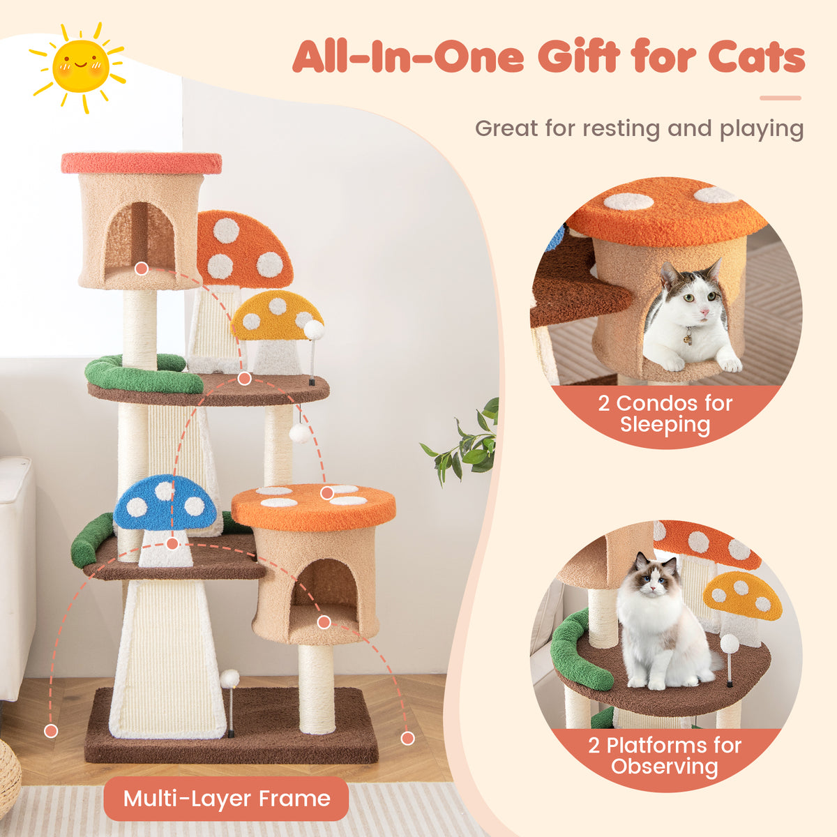 3 Tier Multicolor 4-in-1 Cat Tree with 2 Condos & Platforms for Indoor Cats