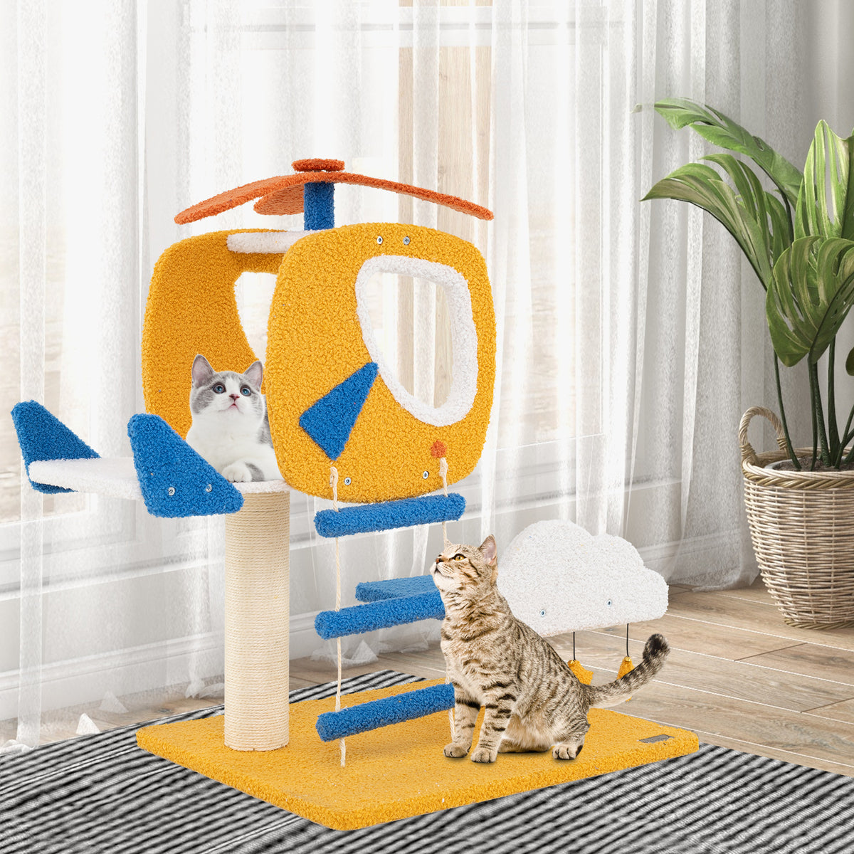 30 Inch Indoor Aviation-Themed Cat Tree with Helicopter Top Perch - Yellow