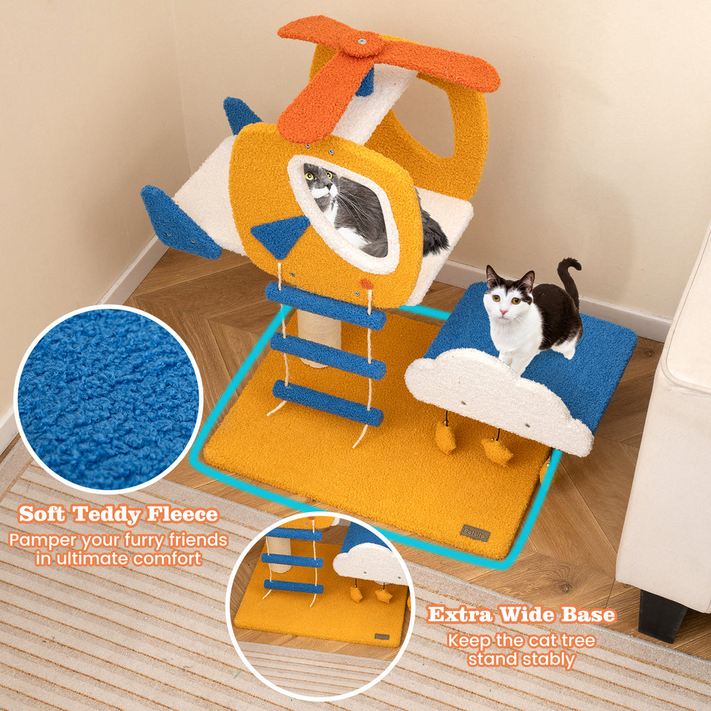 30 Inch Indoor Aviation-Themed Cat Tree with Helicopter Top Perch - Yellow