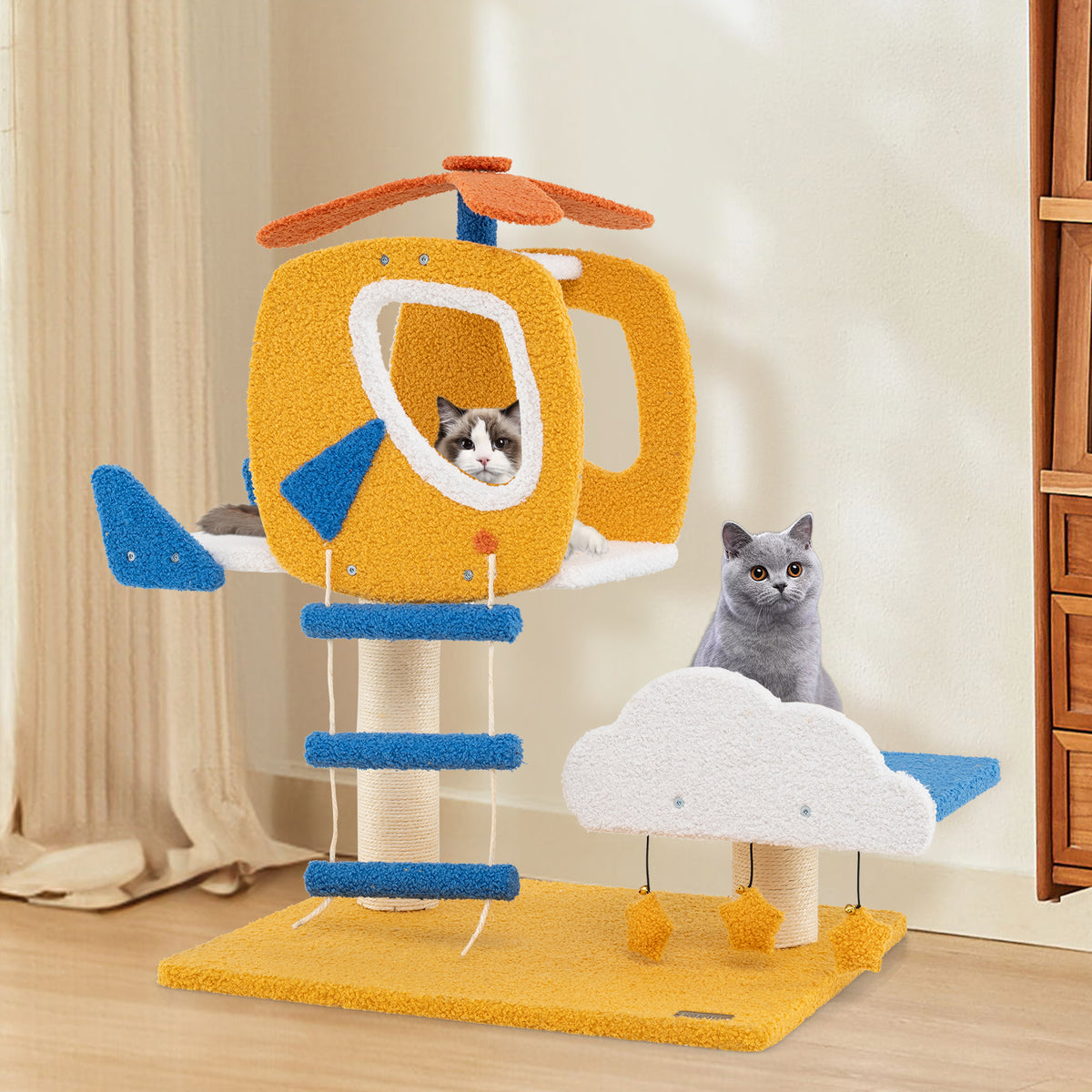 30 Inch Indoor Aviation-Themed Cat Tree with Helicopter Top Perch - Yellow