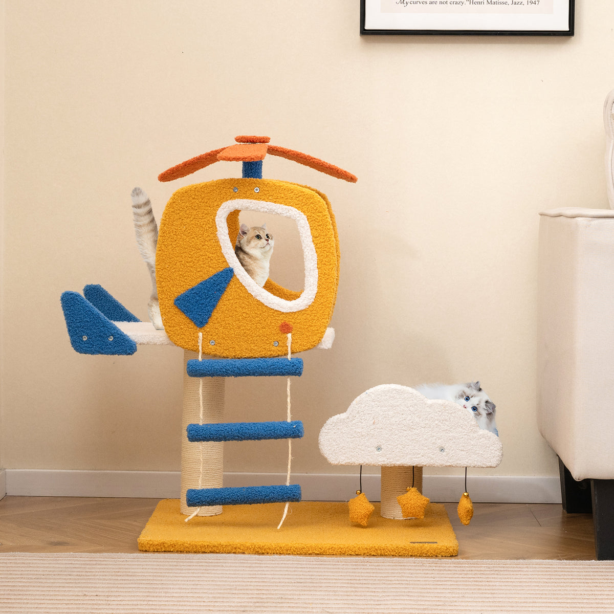 30 Inch Indoor Aviation-Themed Cat Tree with Helicopter Top Perch - Yellow