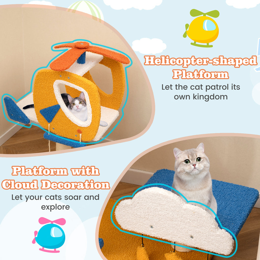 30 Inch Indoor Aviation-Themed Cat Tree with Helicopter Top Perch - Yellow