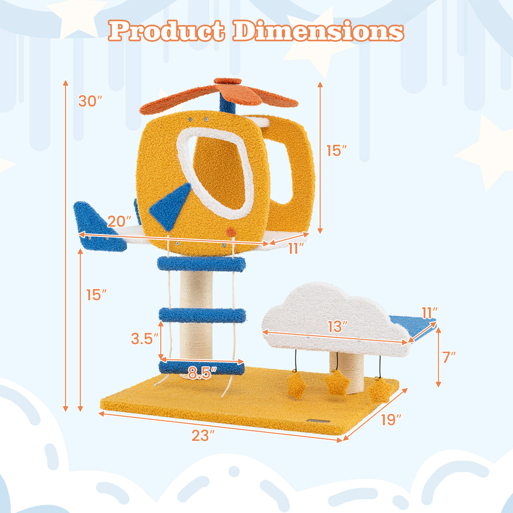 30 Inch Indoor Aviation-Themed Cat Tree with Helicopter Top Perch - Yellow