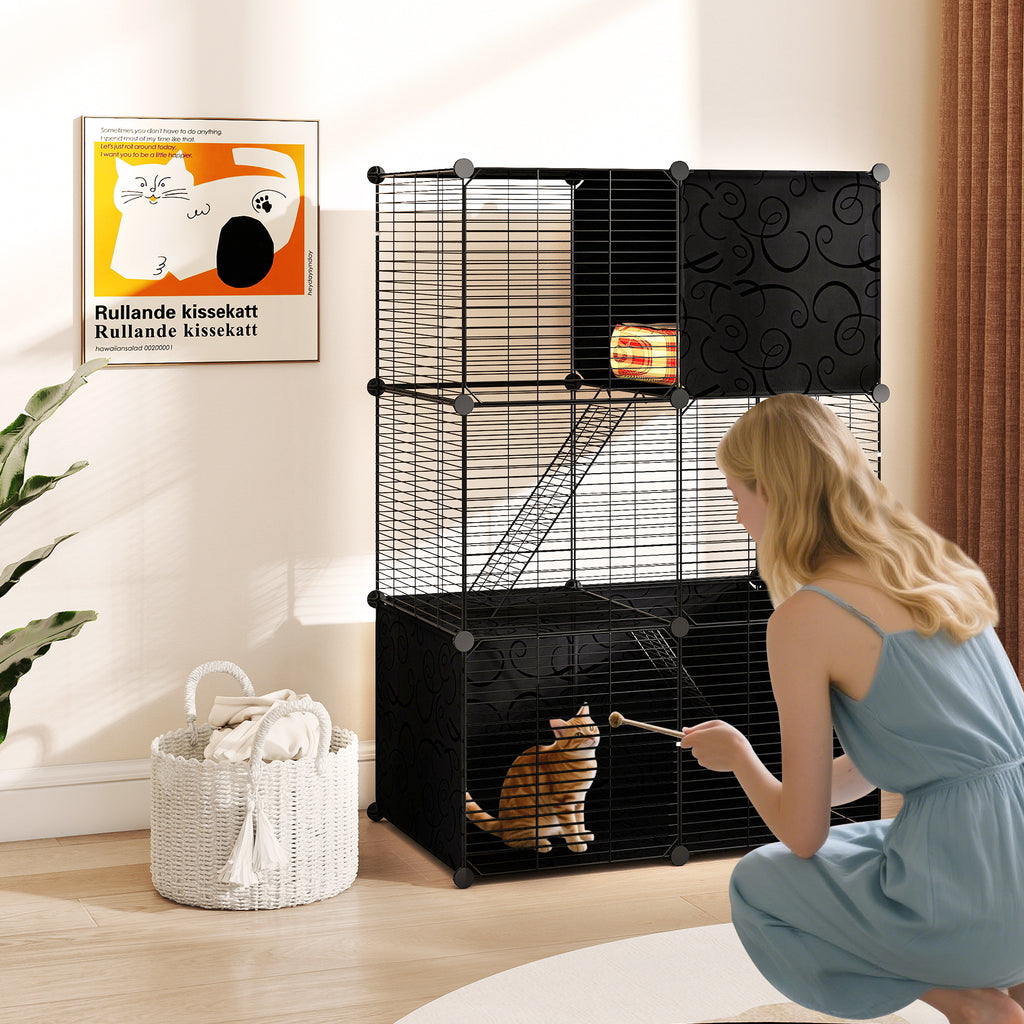 Black Multi-Level Cat Tower with Condo Hammock and Climbing Platforms - Space-Saving Pet Tree