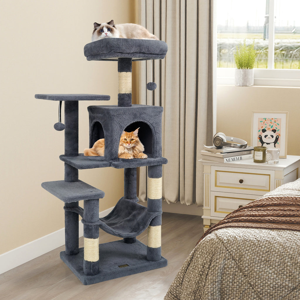 Gray Multi-Level Cat Tower with 2-Door Condo, Padded Perch & Sisal Scratching Posts - Space-Saving Design