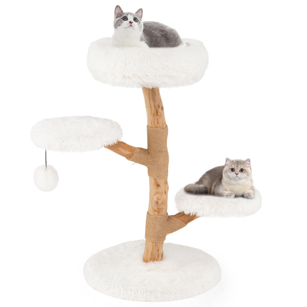Cat Tree Solid Pear Wood with Perch and Jute Scratching Posts - White Variation