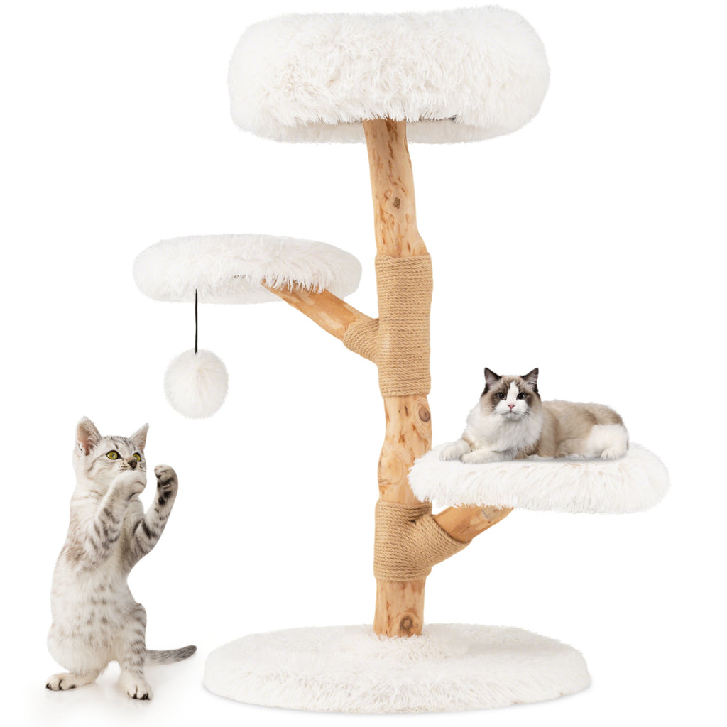 Cat Tree Solid Pear Wood with Perch and Jute Scratching Posts - White Variation