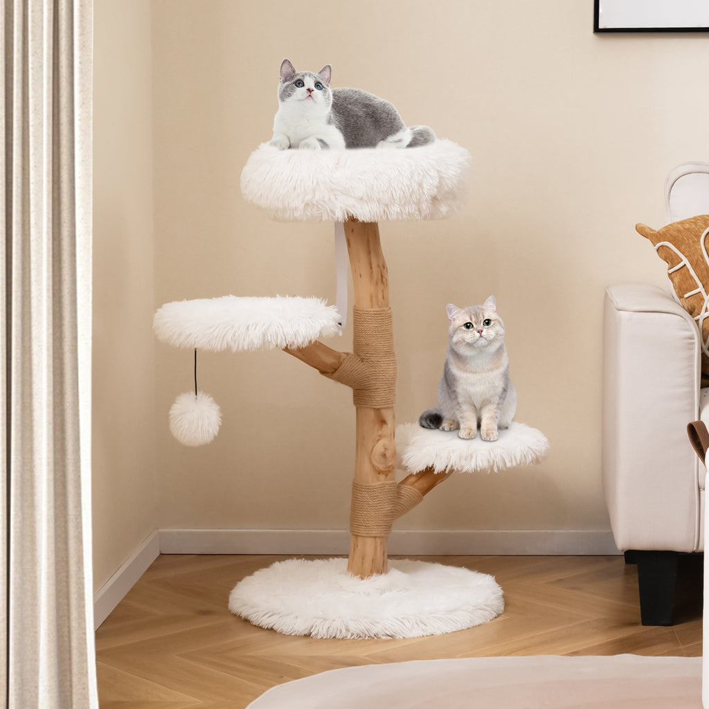 Cat Tree Solid Pear Wood with Perch and Jute Scratching Posts - White Variation