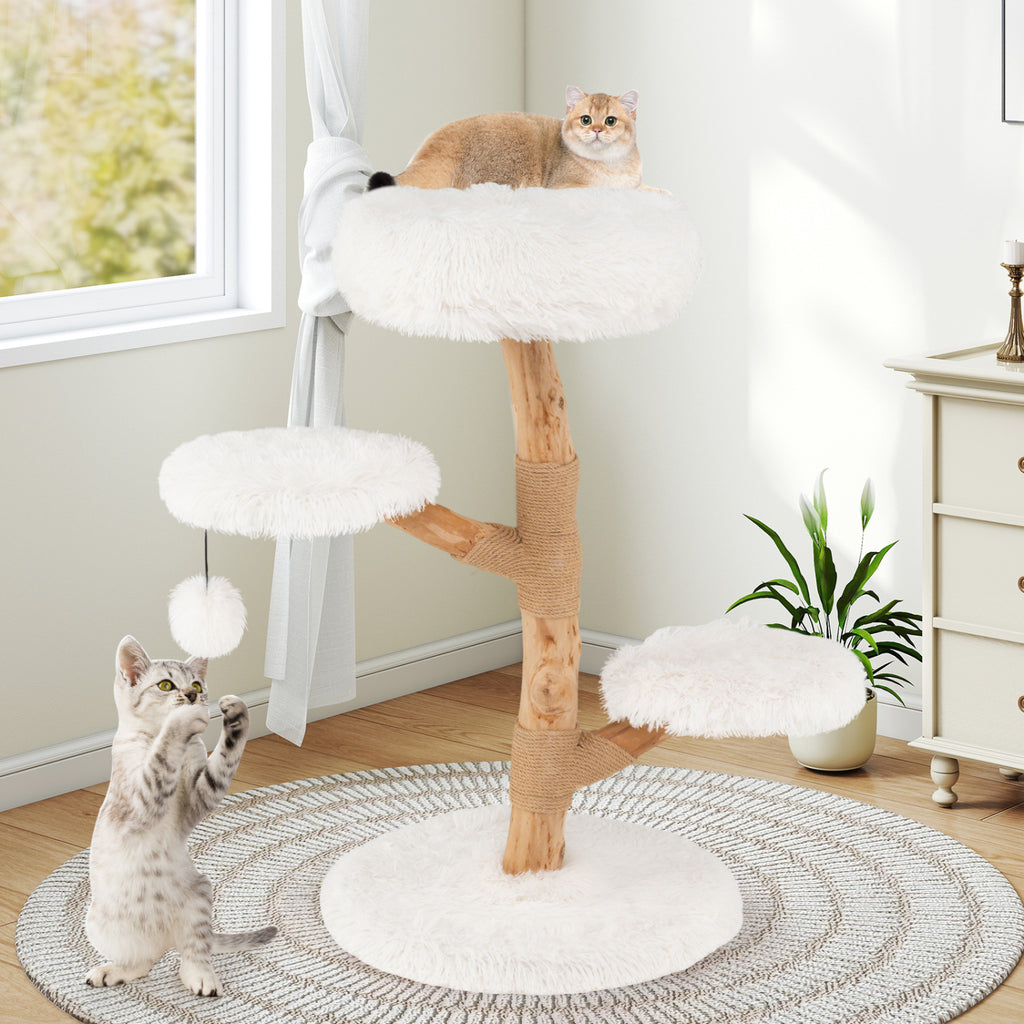 Cat Tree Solid Pear Wood with Perch and Jute Scratching Posts - White Variation